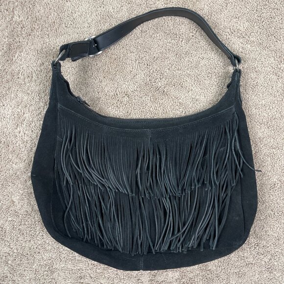 Minnetonka Purse Womens OS Black Fringe Leather Suede Tribal Bohemian Bikercore - Picture 1 of 9